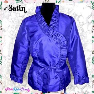 Calvin Klein SATIN Ruffle Wrap Button Up Belted Statement Jacket Women’s M